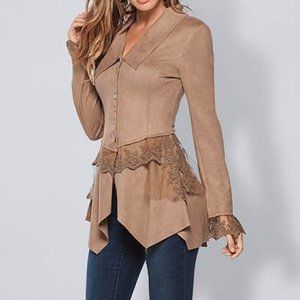 Venus Faux Suede And Lace Button Front Jacket Sz M
